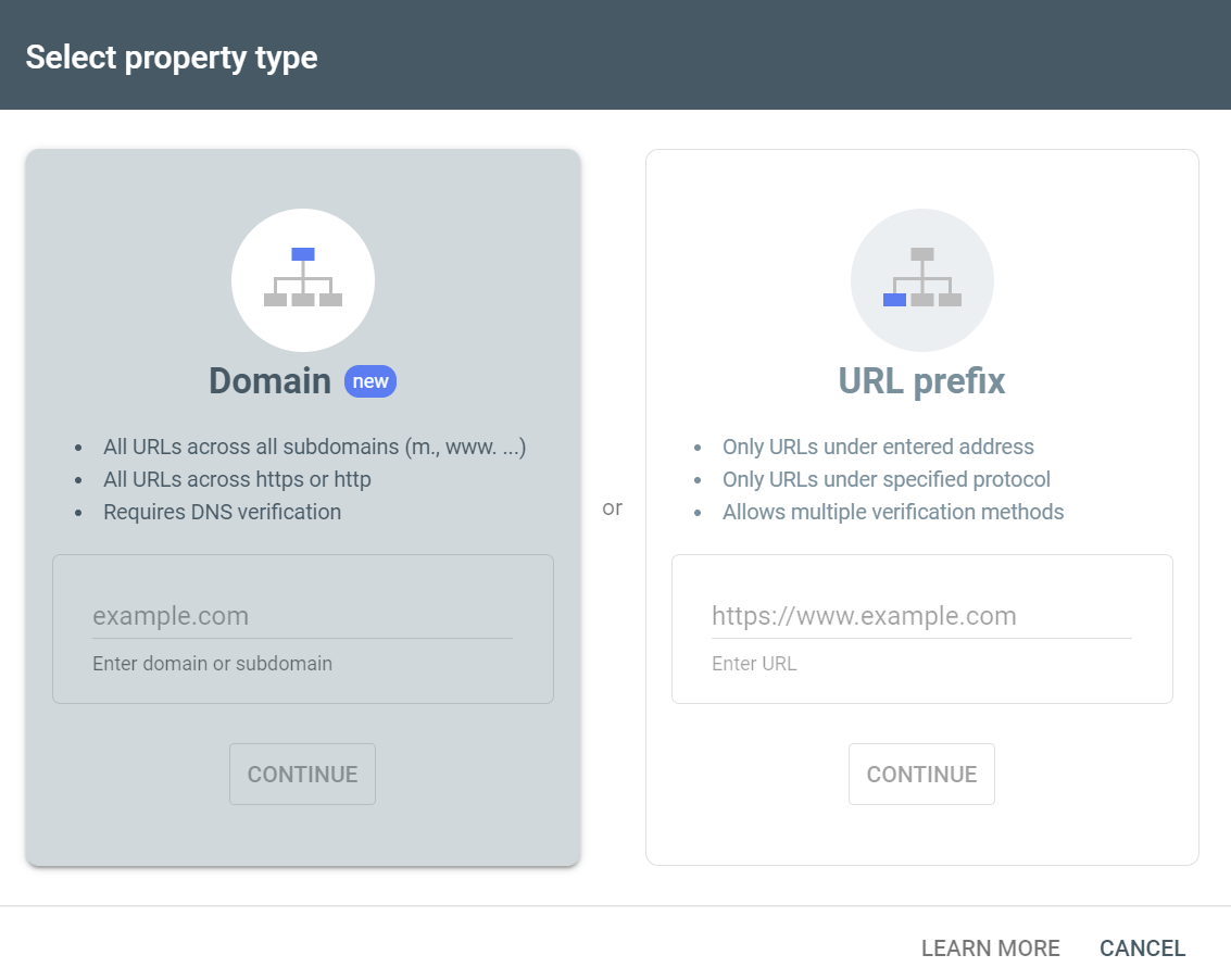 Google Search Console Select property